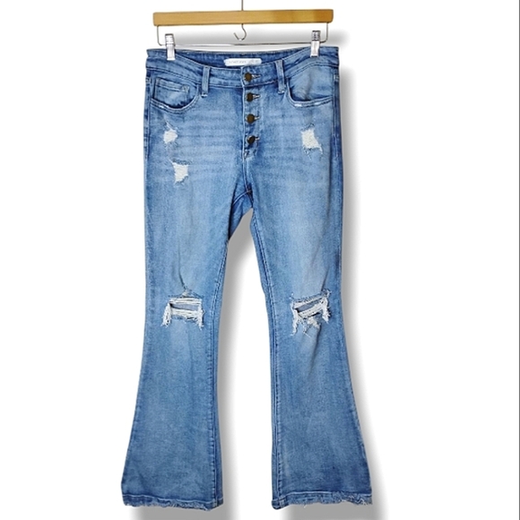 Altar’d State Flare Jeans 9/31 Distressed Raw Hem Button Fly Medium Wash 32 - Picture 1 of 8